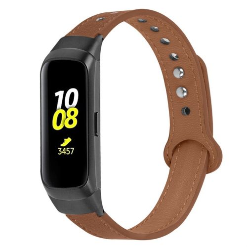 For Samsung Galaxy Fit SM-R370 Soft Top Layer Cowhide Watch Strap Double Rivet Design Wrist Band, Black Connector - Brown