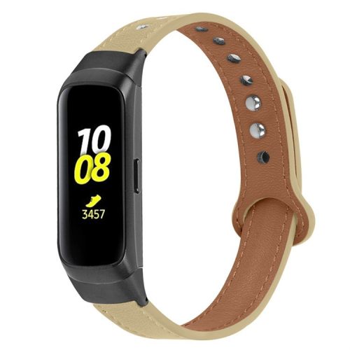 For Samsung Galaxy Fit SM-R370 Soft Top Layer Cowhide Watch Strap Double Rivet Design Wrist Band, Black Connector - Light Apricot