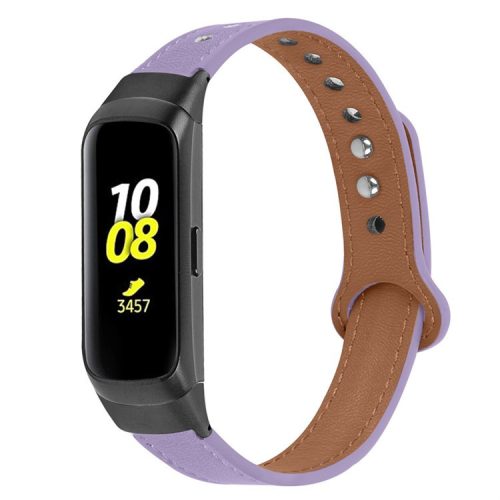 For Samsung Galaxy Fit SM-R370 Soft Top Layer Cowhide Watch Strap Double Rivet Design Wrist Band, Black Connector - Light Purple