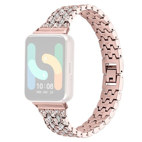 For Samsung Galaxy Fit3 SM-R390 Metal Watch Band Rhinestones Decor Replacement Strap - Pink Gold+Transparent