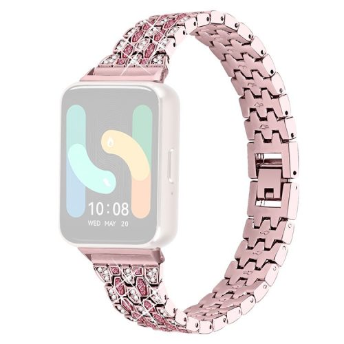 For Samsung Galaxy Fit3 SM-R390 Metal Watch Band Rhinestones Decor Replacement Strap - Rose Pink+Rose