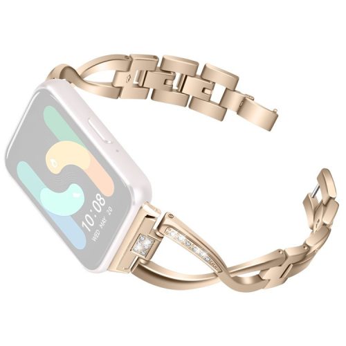 For Samsung Galaxy Fit3 SM-R390 Stainless Steel Strap Rhinestones Decor X-Shape Smartwatch Band - Gold