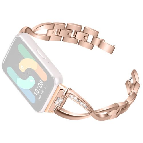 For Samsung Galaxy Fit3 SM-R390 Stainless Steel Strap Rhinestones Decor X-shape Smartwatch Band - Rose Gold