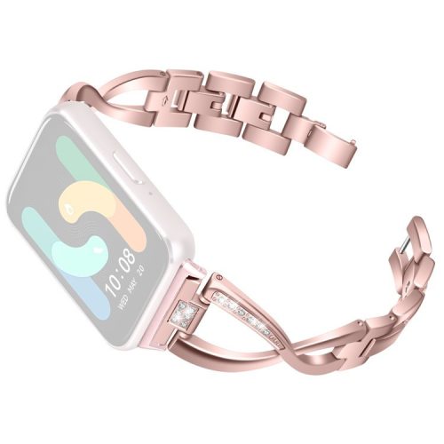 For Samsung Galaxy Fit3 SM-R390 Stainless Steel Strap Rhinestones Decor X-shape Smartwatch Band - Rose Pink