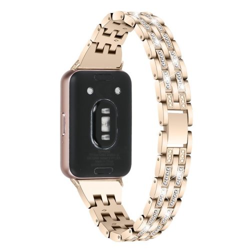 For Samsung Galaxy Fit3 SM-R390 Women Replacement 2 Rows Rhinestone Metal Watch Band Strap - Retro Gold