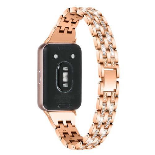 For Samsung Galaxy Fit3 SM-R390 Women Replacement 2 Rows Rhinestone Metal Watch Band Strap - Rose Gold