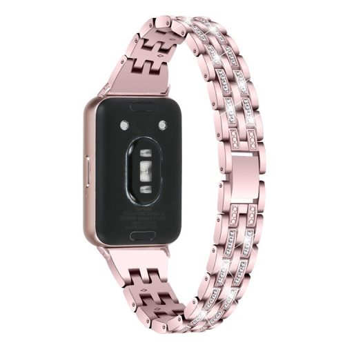 For Samsung Galaxy Fit3 SM-R390 Women Replacement 2 Rows Rhinestone Metal Watch Band Strap - Rose Pink