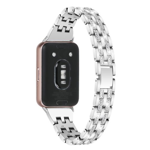 For Samsung Galaxy Fit3 SM-R390 Women Replacement 2 Rows Rhinestone Metal Watch Band Strap - Silver