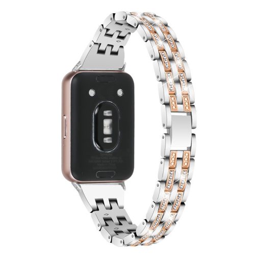 For Samsung Galaxy Fit3 SM-R390 Women Replacement 2 Rows Rhinestone Metal Watch Band Strap - Silver+Rose Gold