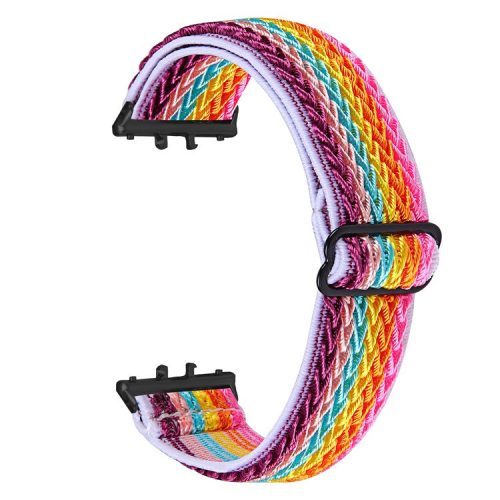 For Samsung Galaxy Fit3 SM-R390 Woven Watch Strap Elastic Wrist Band, Black Connector - Rainbow