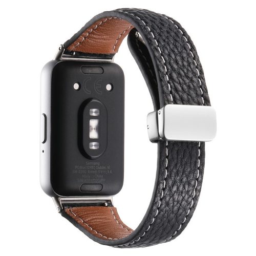 For Samsung Galaxy Fit3 Watch Band Slim Genuine Cow Leather Magnetic Replacement Strap - Black