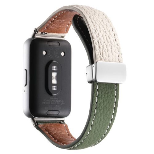 For Samsung Galaxy Fit3 Watch Band Slim Genuine Cow Leather Magnetic Replacement Strap - Milk White+Dark Green