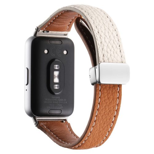 For Samsung Galaxy Fit3 Watch Band Slim Genuine Cow Leather Magnetic Replacement Strap - Milk White+Yellow Brown