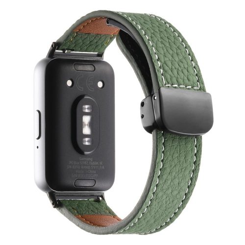 For Samsung Galaxy Fit3 Watch Strap Litchi Texture Genuine Cow Leather Magnetic Band - Blackish Green