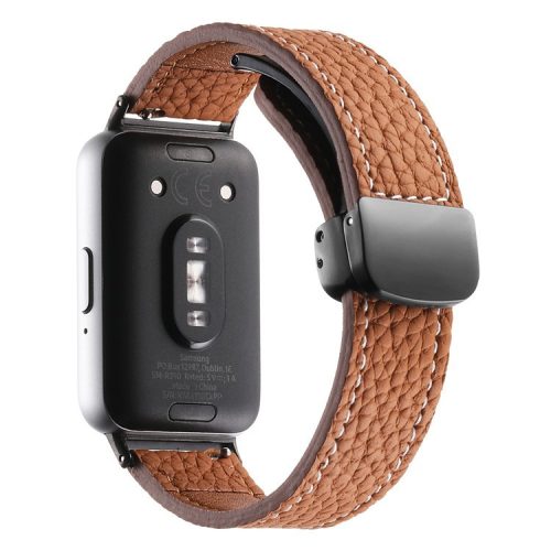 For Samsung Galaxy Fit3 Watch Strap Litchi Texture Genuine Cow Leather Magnetic Band - Brown