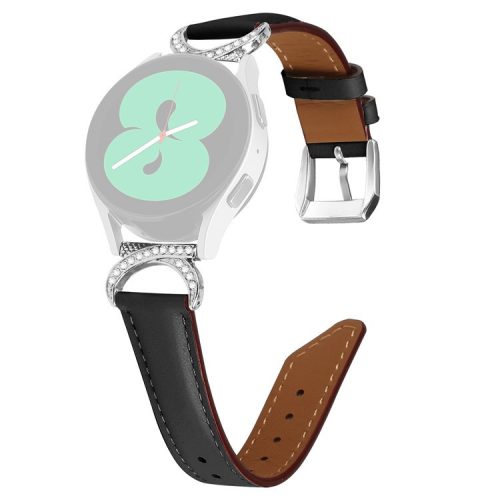 For Samsung Galaxy Watch 3 41mm / Watch 5 40mm / 44mm Replacement Strap 20mm Rhinestone D-shape Connector Split Leather Band with Silver Buckle - Black