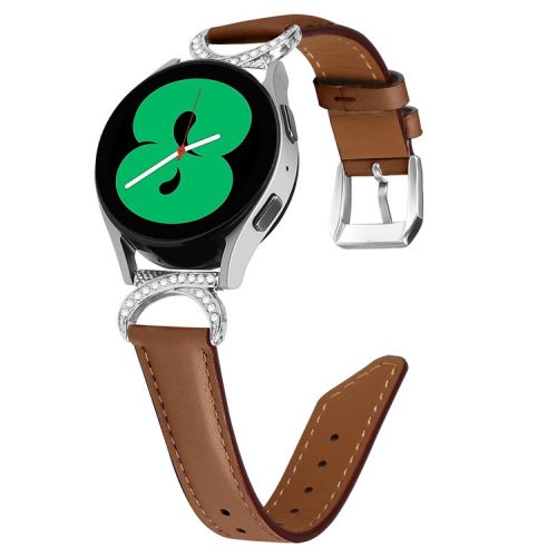 For Samsung Galaxy Watch 3 41mm / Watch 5 40mm / 44mm Replacement Strap 20mm Rhinestone D-shape Connector Split Leather Band with Silver Buckle - Brown