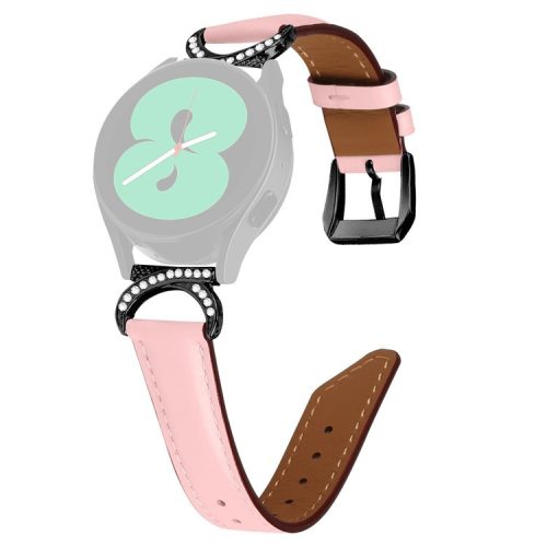 For Samsung Galaxy Watch 3 41mm / Watch 5 40mm / 44mm Replacement Wrist Band 20mm Rhinestone D-shape Connector Split Leather Strap with Black Buckle - Pink