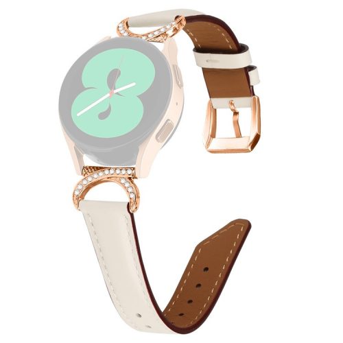 For Samsung Galaxy Watch 3 41mm / Watch 5 40mm / 44mm Split Leather Strap 20mm Rhinestone D-shape Connector Wrist Band with Rose Gold Buckle - Apricot