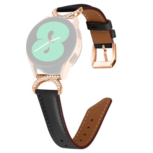 For Samsung Galaxy Watch 3 41mm / Watch 5 40mm / 44mm Split Leather Strap 20mm Rhinestone D-shape Connector Wrist Band with Rose Gold Buckle - Black