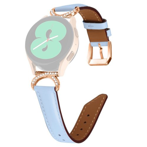 For Samsung Galaxy Watch 3 41mm / Watch 5 40mm / 44mm Split Leather Strap 20mm Rhinestone D-shape Connector Wrist Band with Rose Gold Buckle - Blue