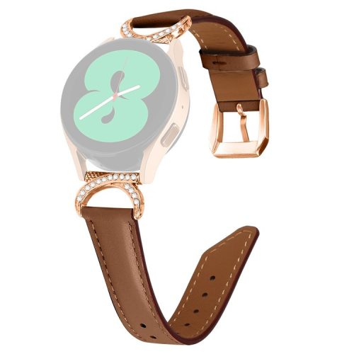 For Samsung Galaxy Watch 3 41mm / Watch 5 40mm / 44mm Split Leather Strap 20mm Rhinestone D-shape Connector Wrist Band with Rose Gold Buckle - Brown