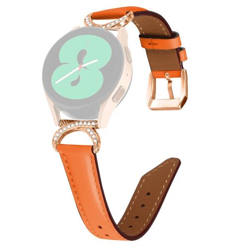 For Samsung Galaxy Watch 3 41mm / Watch 5 40mm / 44mm Split Leather Strap 20mm Rhinestone D-shape Connector Wrist Band with Rose Gold Buckle - Orange