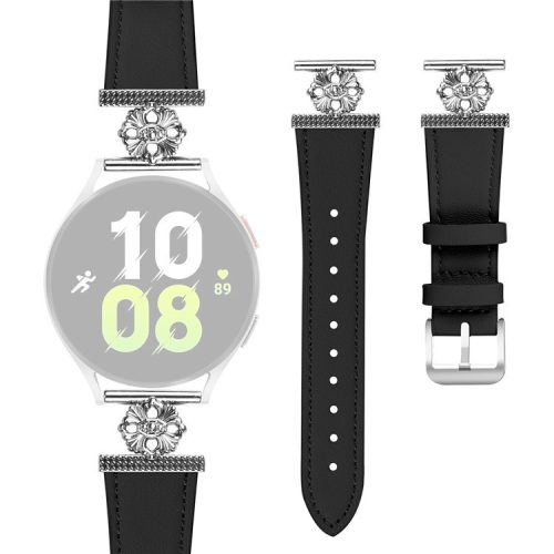 For Samsung Galaxy Watch 42mm Watch Band Genuine Cow Leather Flower Decor Adjustable Strap - Black