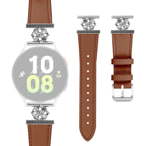 For Samsung Galaxy Watch 42mm Watch Band Genuine Cow Leather Flower Decor Adjustable Strap - Brown