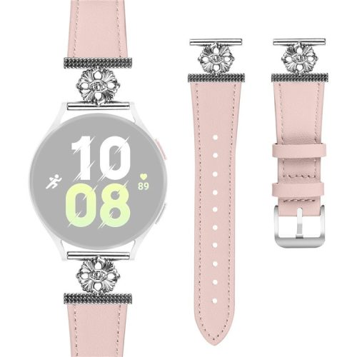 For Samsung Galaxy Watch 42mm Watch Band Genuine Cow Leather Flower Decor Adjustable Strap - Pink