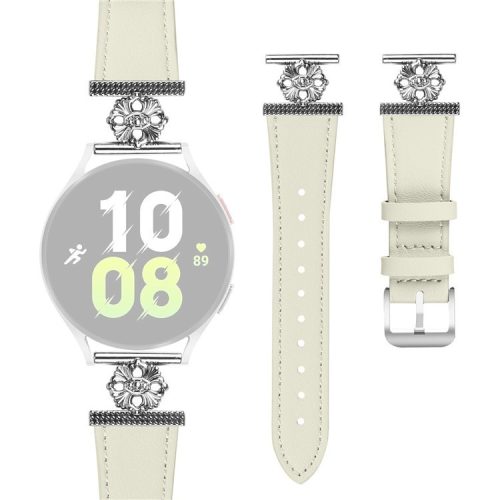 For Samsung Galaxy Watch 42mm Watch Band Genuine Cow Leather Flower Decor Adjustable Strap - White