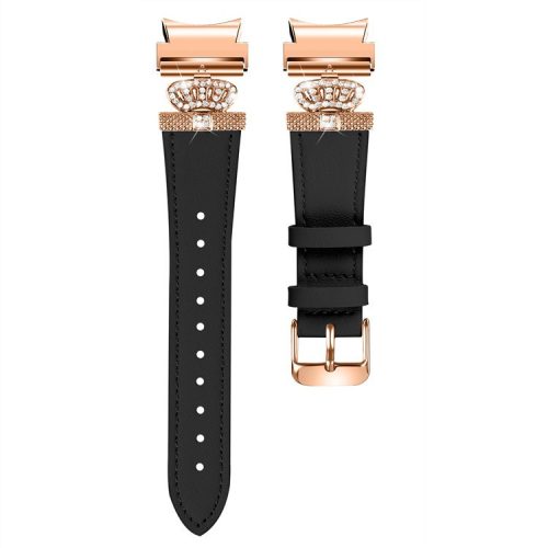 Smart Watch Strap for Samsung Galaxy Watch4 / Watch 5 Genuine Cow Leather Band (Rose Gold Buckle) - Black