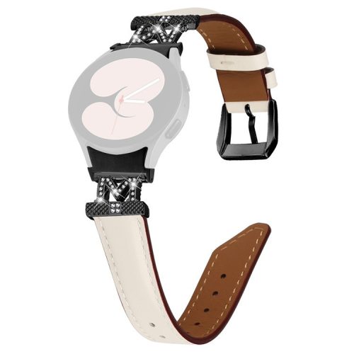 Watch Band for Samsung Galaxy Watch 5 / Watch4 44mm 40mm Rhinestone M-shape Connector Genuine Cow Leather Strap with Black Buckle - Apricot