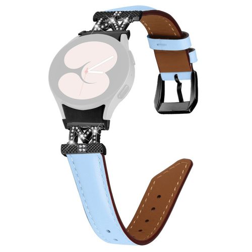 Watch Band for Samsung Galaxy Watch 5 / Watch4 44mm 40mm Rhinestone M-shape Connector Genuine Cow Leather Strap with Black Buckle - Blue