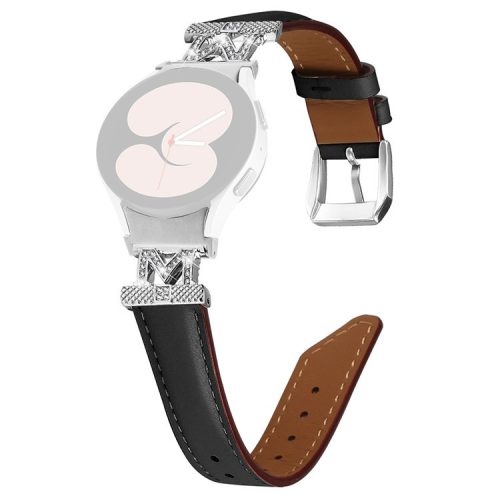 Watch Band for Samsung Galaxy Watch6 40mm 44mm / Watch6 Classic 43mm 47mm Genuine Cow Leather Rhinestone M-shape Connector Strap with Silver Buckle - Black