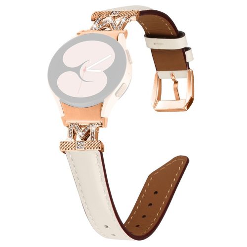 Watch Strap for Samsung Galaxy Watch6 40mm 44mm / Watch6 Classic 43mm 47mm Rhinestone M-shape Connector Genuine Cow Leather Band with Rose Gold Buckle - Apricot