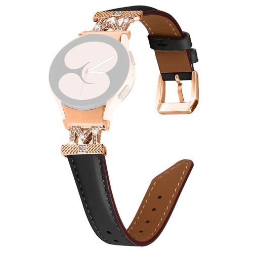 Watch Strap for Samsung Galaxy Watch6 40mm 44mm / Watch6 Classic 43mm 47mm Rhinestone M-shape Connector Genuine Cow Leather Band with Rose Gold Buckle - Black