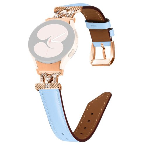 Watch Strap for Samsung Galaxy Watch6 40mm 44mm / Watch6 Classic 43mm 47mm Rhinestone M-shape Connector Genuine Cow Leather Band with Rose Gold Buckle - Blue