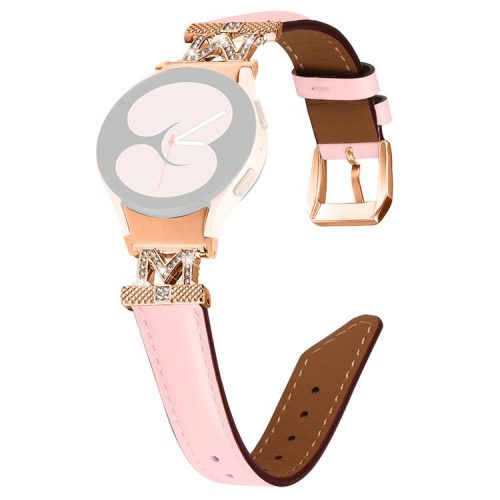 Watch Strap for Samsung Galaxy Watch6 40mm 44mm / Watch6 Classic 43mm 47mm Rhinestone M-shape Connector Genuine Cow Leather Band with Rose Gold Buckle - Pink