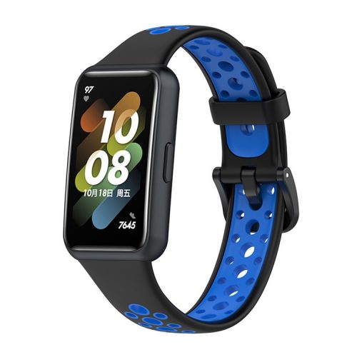 Dual Color Watch Band for Huawei Band 7, Pin Buckle Soft TPU Wrist Strap Replacement - Black/Blue