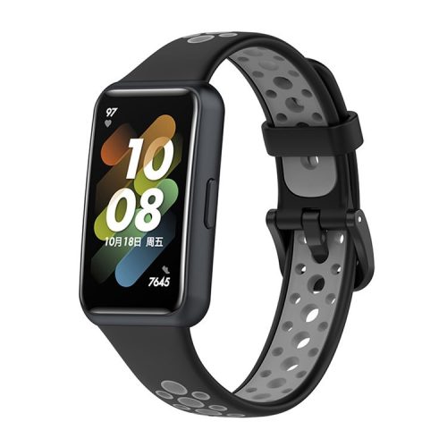 Dual Color Watch Band for Huawei Band 7, Pin Buckle Soft TPU Wrist Strap Replacement - Black/Grey