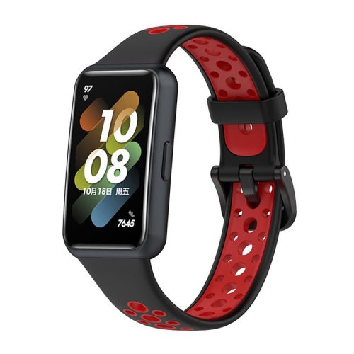 Dual Color Watch Band for Huawei Band 7, Pin Buckle Soft TPU Wrist Strap Replacement - Black/Red