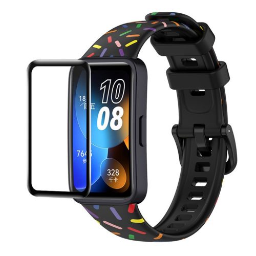 ENKAY HAT PRINCE For Huawei Band 8 / Band 8 NFC / Band 9 / Band 9 NFC Printed Silicone Watch Band with Soft PC Edge PMMA Screen Film - Black