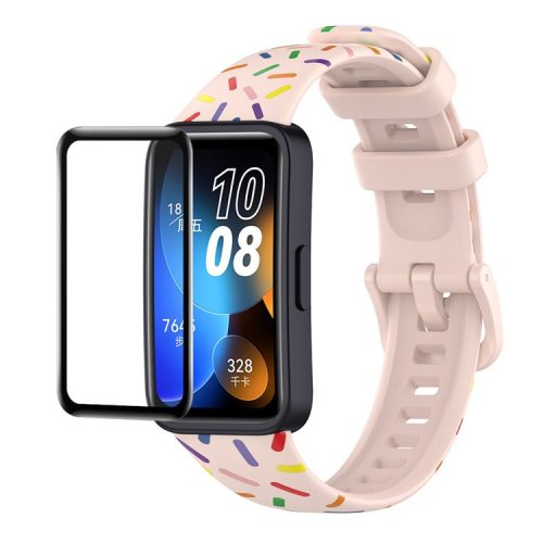 ENKAY HAT PRINCE For Huawei Band 8 / Band 8 NFC / Band 9 / Band 9 NFC Printed Silicone Watch Band with Soft PC Edge PMMA Screen Film - Pink