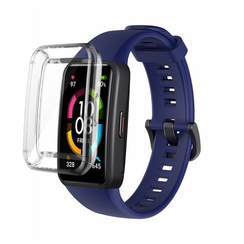 For Huawei Band 6 Soft Silicone Sports Wristband with Transparent TPU Case Full Around Bumper Frame Cover - Midnight Blue