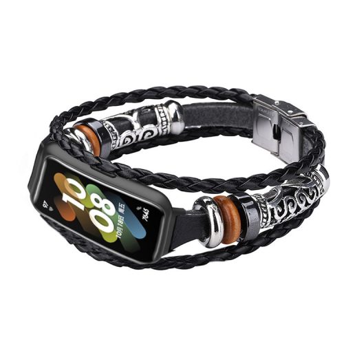 For Huawei Band 7 Ethnic Style Beaded Replacement Watch Strap Retro Bracelet Wrist Band - Black