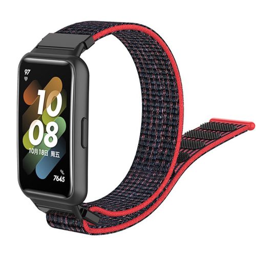 For Huawei Band 7 Soft Nylon Watch Band Adjustable Loop Fastener Sport Strap Wristband Replacement - Black / Red