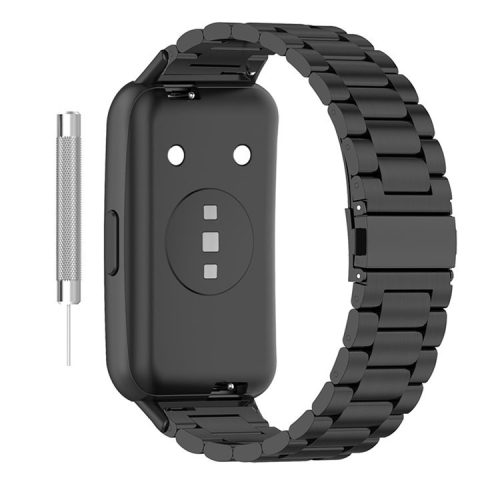 For Huawei Band 7 Stainless Steel Watch Band 3 Beads Metal Buckle Replacement Wristband - Black