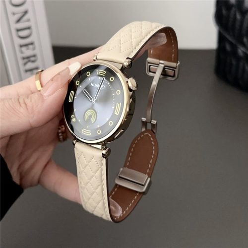 For Samsung Galaxy Watch3 45mm / Huawei Watch GT 4 46mm Watch Strap 22mm Genuine Cow Leather Magnetic Buckle Band - Apricot