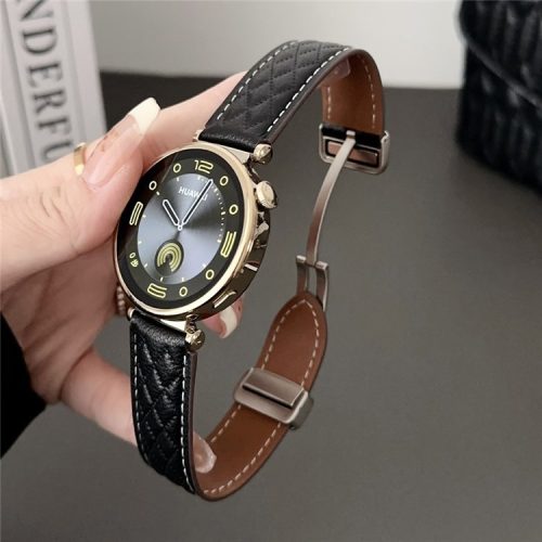 For Samsung Galaxy Watch3 45mm / Huawei Watch GT 4 46mm Watch Strap 22mm Genuine Cow Leather Magnetic Buckle Band - Black